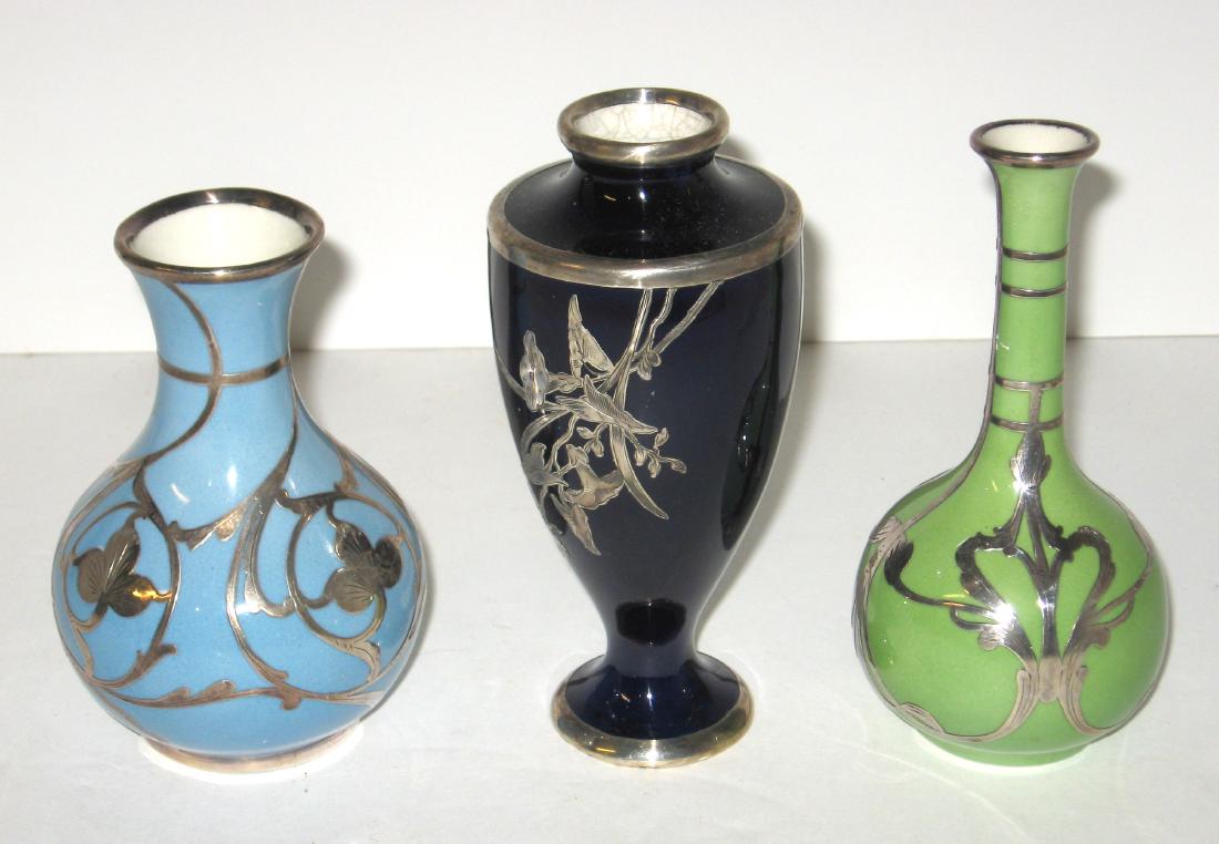 Three silver overlay porcelain vases, (1 of 5)