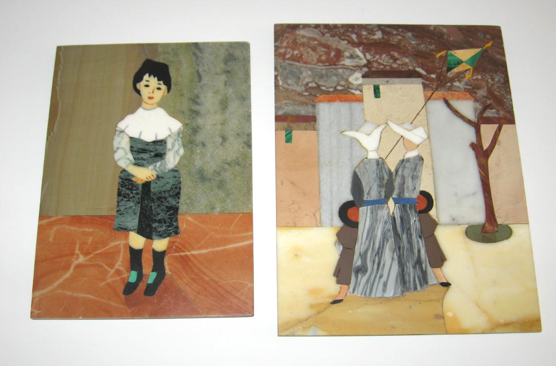 Two Pietra Dura panels: Rectangular form one on a young boy the other of nuns and children flying a kite, largest 9 1/2" ht by 7 1/4" wide. Condition: good with no chips cracks or repairs.
