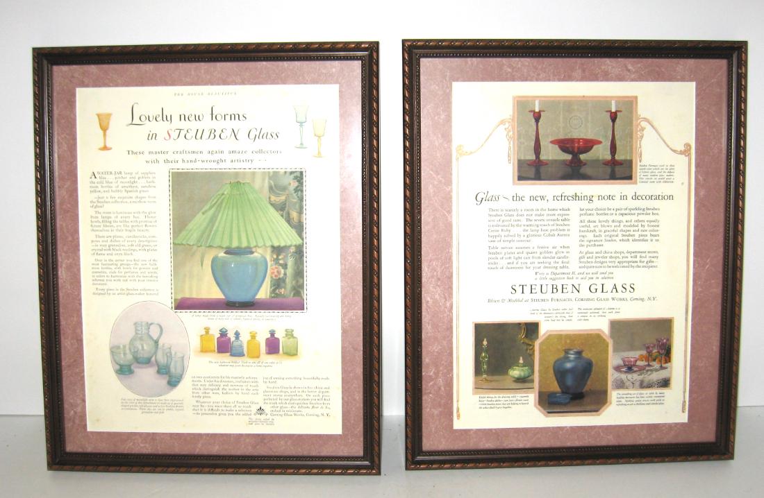 Two Vintage 1920 Steuben advertisements,: Frames and matted, 12 by 14 with frame, Condition: good with no issues.
