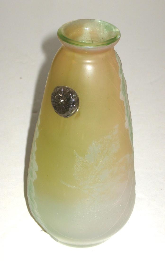 Galle French cameo art glass vase,: Cylindrical form in Peach glass adorned with a light cameo leaf and applied cabochon, decorated with a double band of carved Martele signed on the bottom Cristsllerie de Galle a Nancy, 6 1/2' ht. Cond