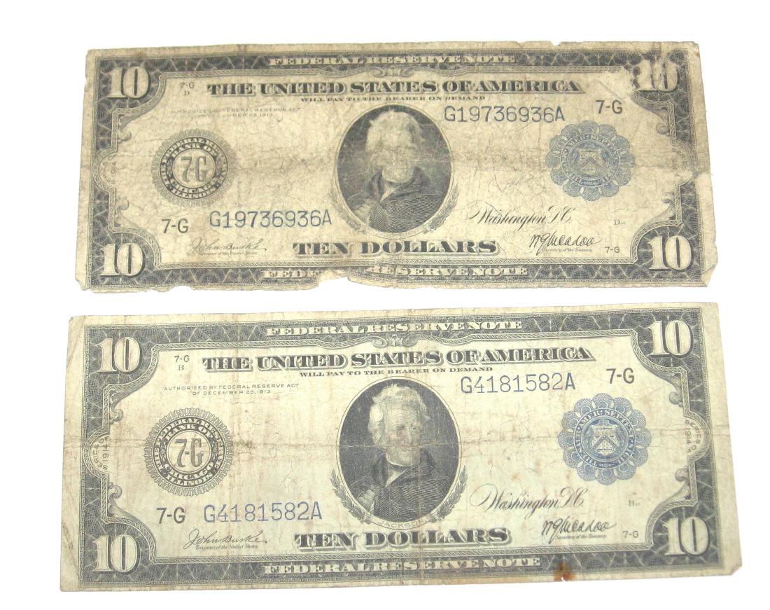 Two large size 1913 Ten dollar bills: 1913 large size 10$ Federal Reserve Note. Condition: fair to good