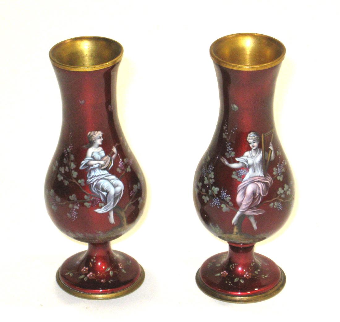 Pair of French enamel on copper vases, (1 of 5)