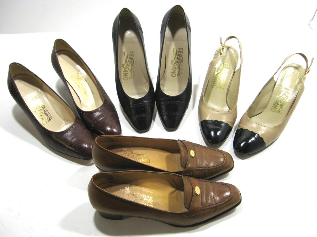 Four pair of Salvatore Ferragamo leather shoes,: Including a black, maroon, a tan loafer and a tan with black toe, each marked, approx size 7. Condition: good used condition with no rips tears or cuts.
