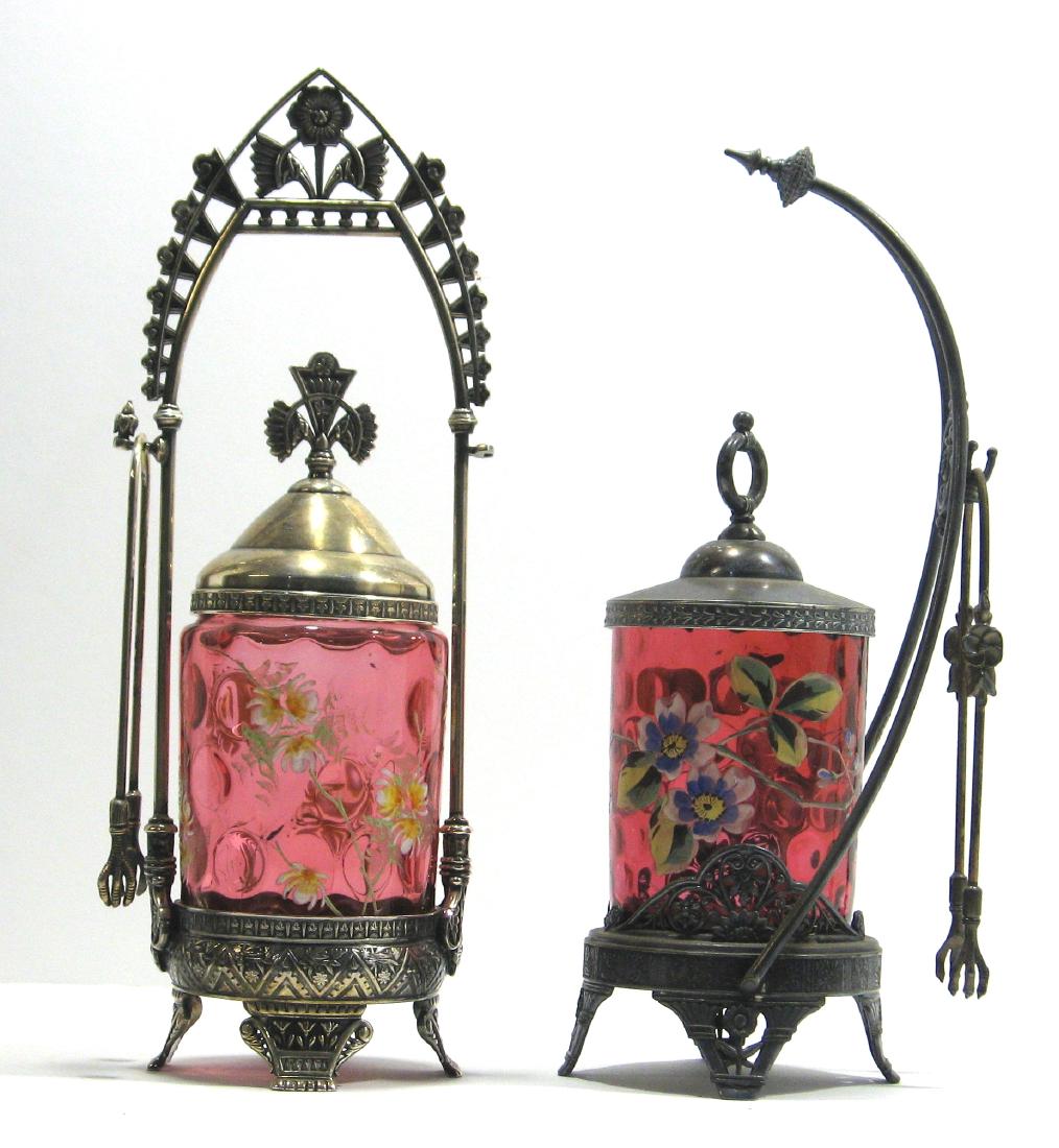 Two Cranberry glass pickle castors, (1 of 5)