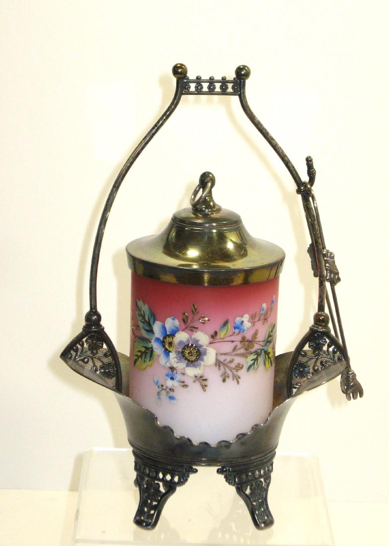 Peachblow glass and metal pickle castor, (1 of 3)