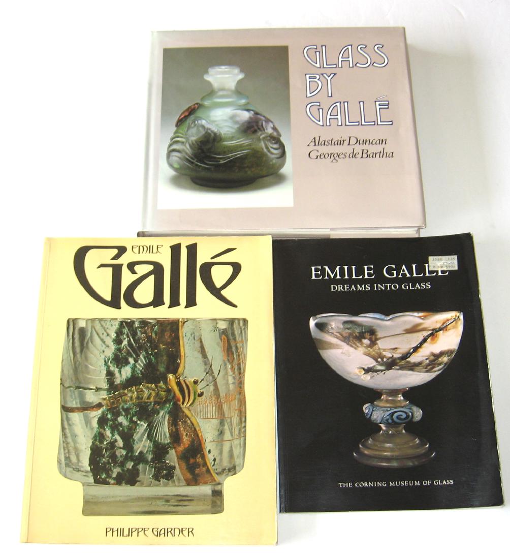 Three books on Galle art glass: Including "Glass by Galle" by Duncan hardback 223 pages, "Emile Galle" by Garner soft back 167 pages, and Emile Galle Dreams into glass" by the Corning Museum of Glass soft back 191 pages. Condition: 