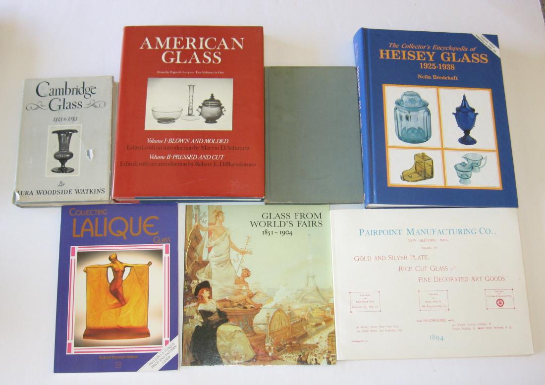 Seven books on antique glass,: Including "Cambridge Glass" by Watkins hardback 199 pages, "Collecting Lalique Glass" by Walker soft back 117 pages, "Heisey Glass" by Bredehoft hardback 463 pages, "Pairpoint Manufacturing" reprint c