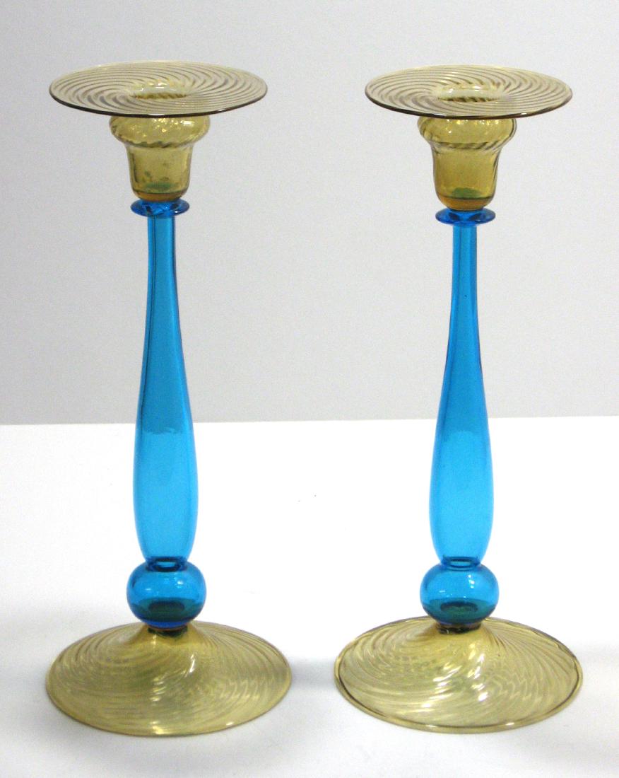 Pair of Steuben Celeste blue candlesticks, (1 of 4)
