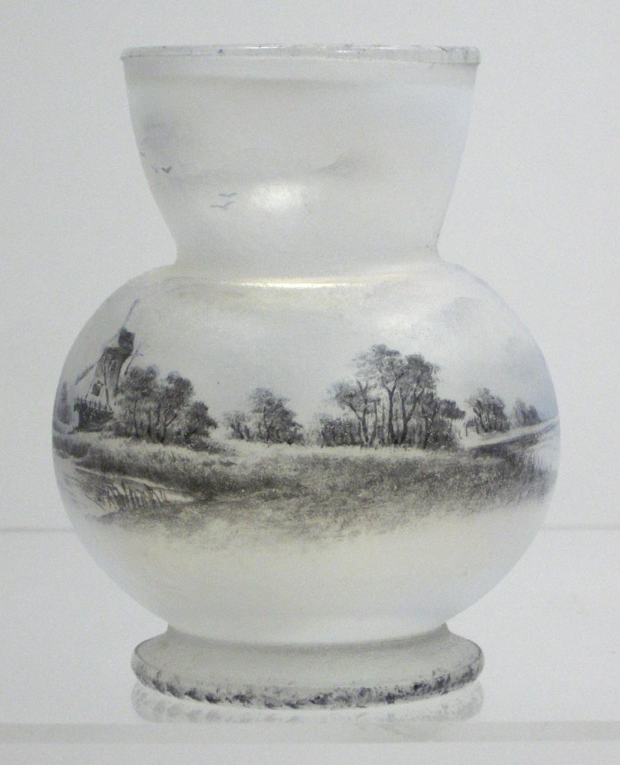 Daum Nancy opalescent glass vase,: Footed bulbous form in frosted opalescent glass decorated with a gray Dutch scene of Sailing ships and a Windmill, signed Daum Nancy, 3 1/4" ht. Condition: good with no defects found.