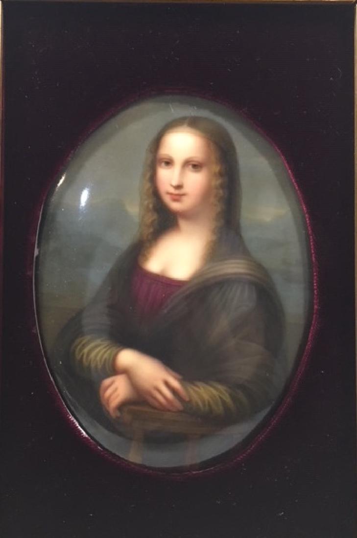 Berlin KPM porcelain plaque,: Oval porcelain plaque of a Women in a green and Crimson dress, set in a gold wood frame with crimson cloth matting, marked KPM with the scepter, 7" ht with frame 14" ht. Condition: good with no defect