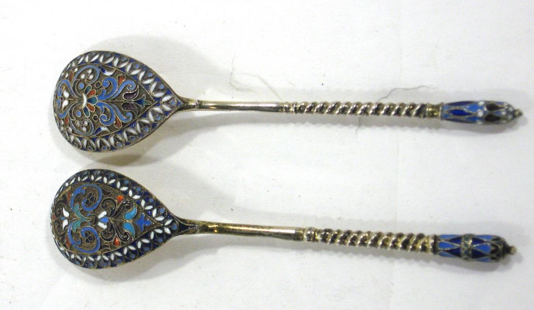 Two Russian enameled silver spoons, (1 of 4)