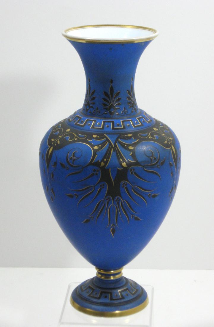 Richardson opaline glass vase,: Late 19th century shouldered vase in Prussian blue decorated with a gold and black greek key and scrolling design, 12" ht. Condition: good with minor chip to the underside foot.