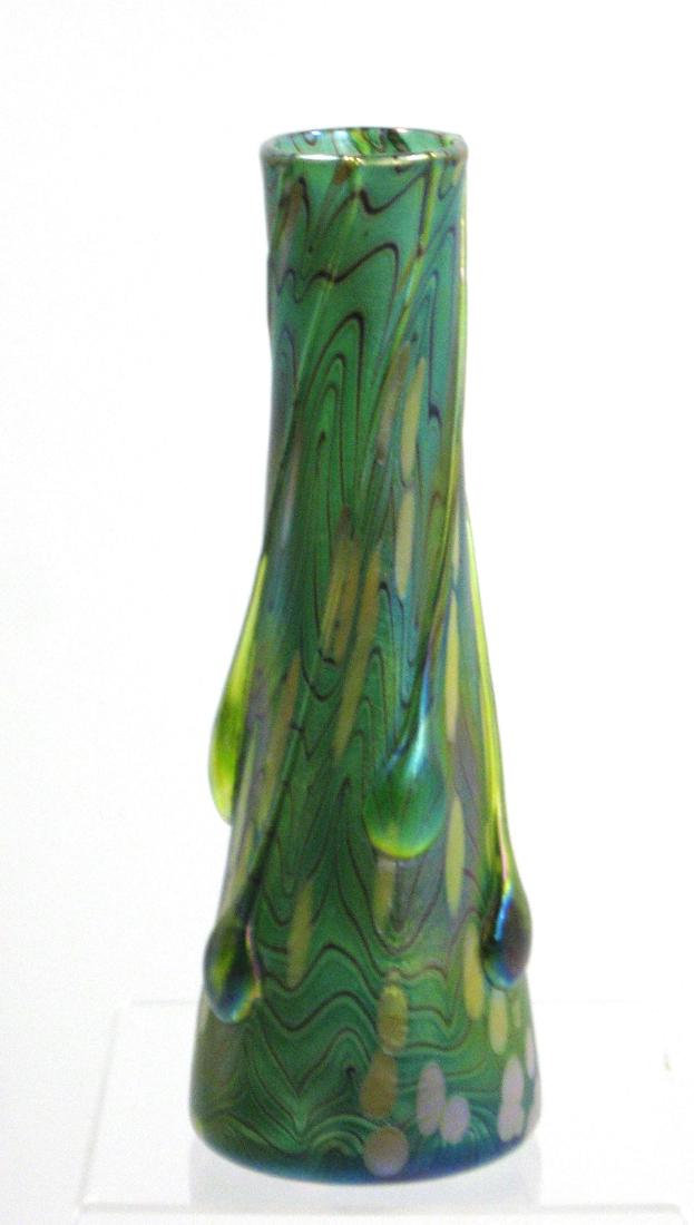 Czech applied art glass vase,: Reverse trumpet form in green glass adorned with yellow oil spots and adorned with side glass drippings, 10" ht. Condition: good with no defects found.