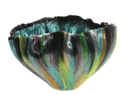 Toots Zynsky Art Glass bowl: Free form bowl formed with fused color straws of copper, turquoise, green, black, purple and blue, rich turquoise interior, marked with the Z on the bottom, 12" long by 9" wide by 7 1/2" ht.