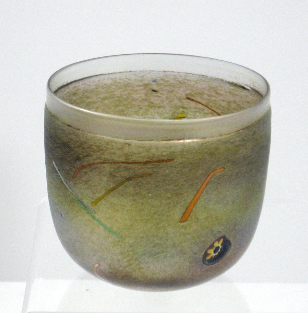 Bertil Vallien art glass bowl,: Iridescent copper bowl with colored straws and Millifiori, signed Boda Artist B. Vallien, 4" ht. Condition: good with no defects found.