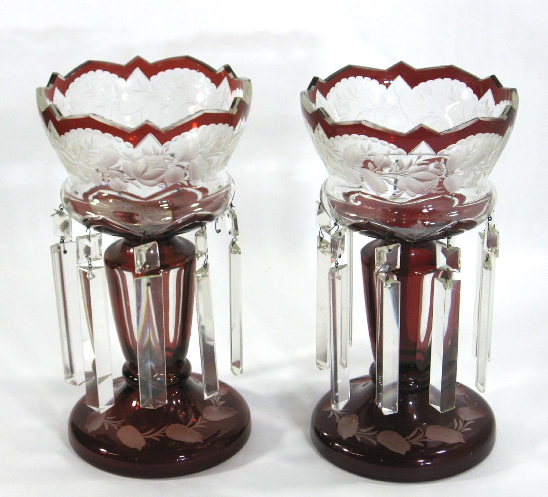 Pair of cranberry glass lusters, (1 of 6)