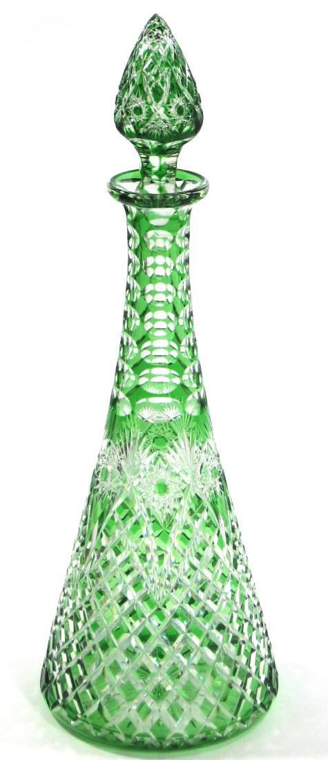 Large green cut to clear glass decanter, (1 of 5)