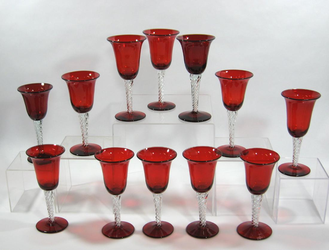 12 ruby twist stem glass goblets, (1 of 5)