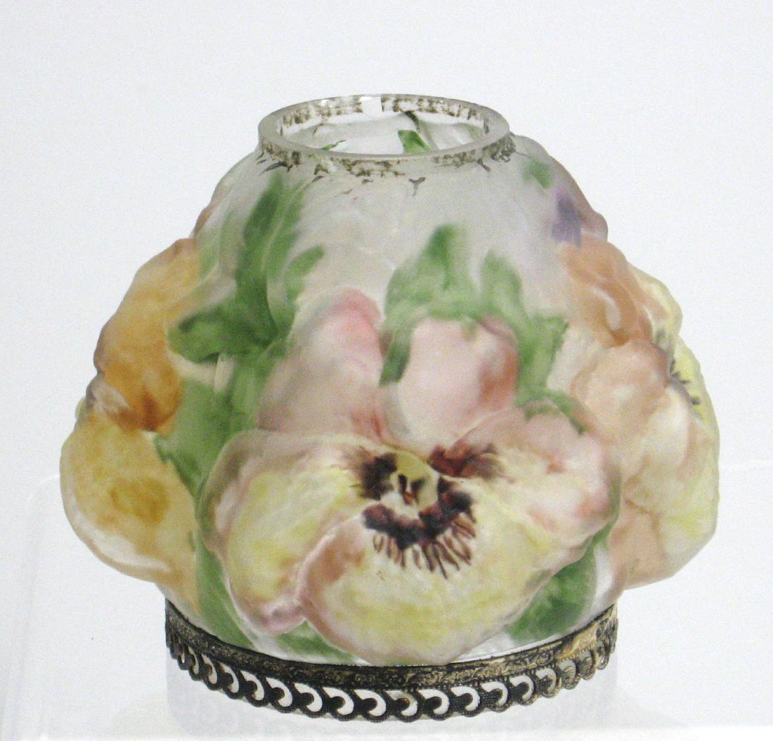 Pairpoint diminutive puffy shade,: Puffy shade with yellow to pink and yellow to orange flowers, fitted with a scrolling metal collar, 3 3/4" ht. Condition: painting is good, one small chip under the metal fitter collar.