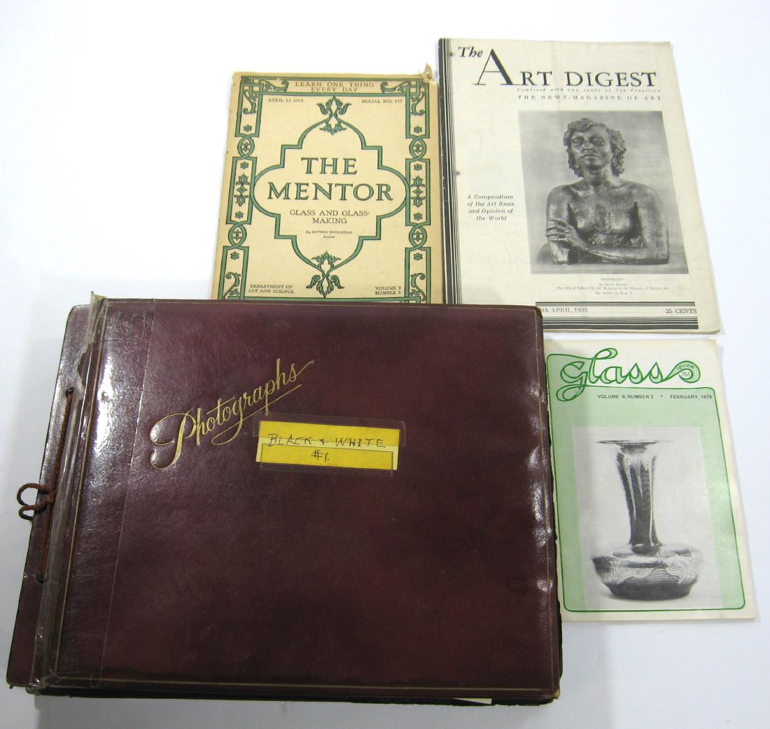 Group of Vintage art glass information: Including a 1919 copy of "The Mentor Glass and Glass Making" by Singleton, a 1933 "The Art Digest," 1979 "Glass" and a 1955-60 inventory Photo album from the consigner with over 350 pictures. Conditio