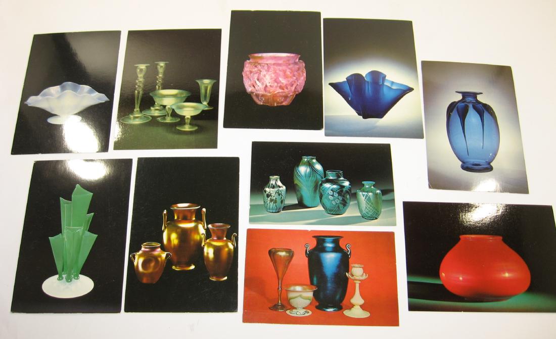 Group of 10 Steuben post cards: Colorful post card of Jade, Aurene, Rough, and Diatreta and more. Condition: good with minor ware to corners