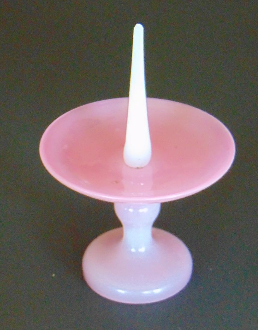 Steuben Rosaline ring tray,: Rare baluster footed ring tray with a alabaster ring holder, 6" ht. Condition: good with no defects found