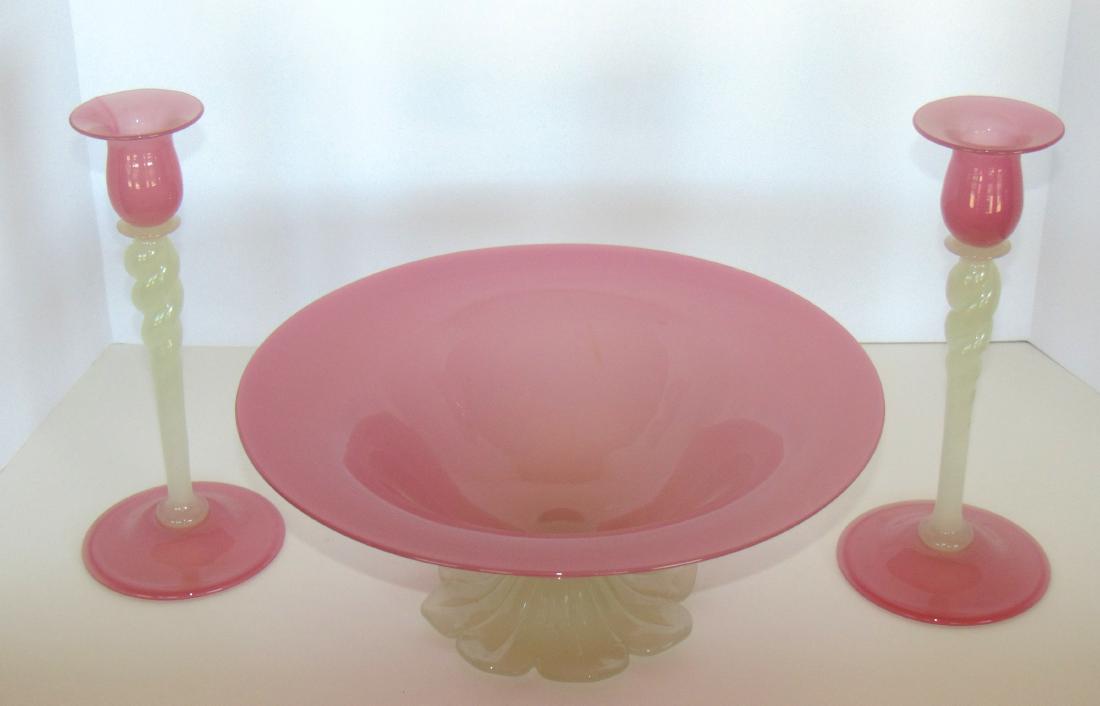 Steuben Rosaline glass console set, (1 of 4)