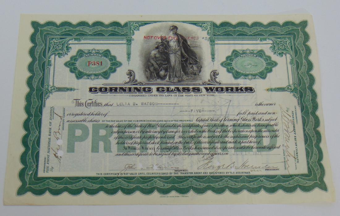 Original Stock certificate: Cancelled stock certificate for the Corning Glass Works. Condition: good but with cancellation