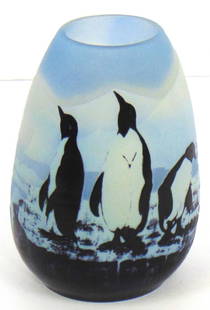 Rare Galle French cameo glass vase: Ovoid form in blue glass decorated with 7 penguins on an icy shoreline, uranium based glass, signed in cameo Galle, 6" ht. Condition: good with no defects found.