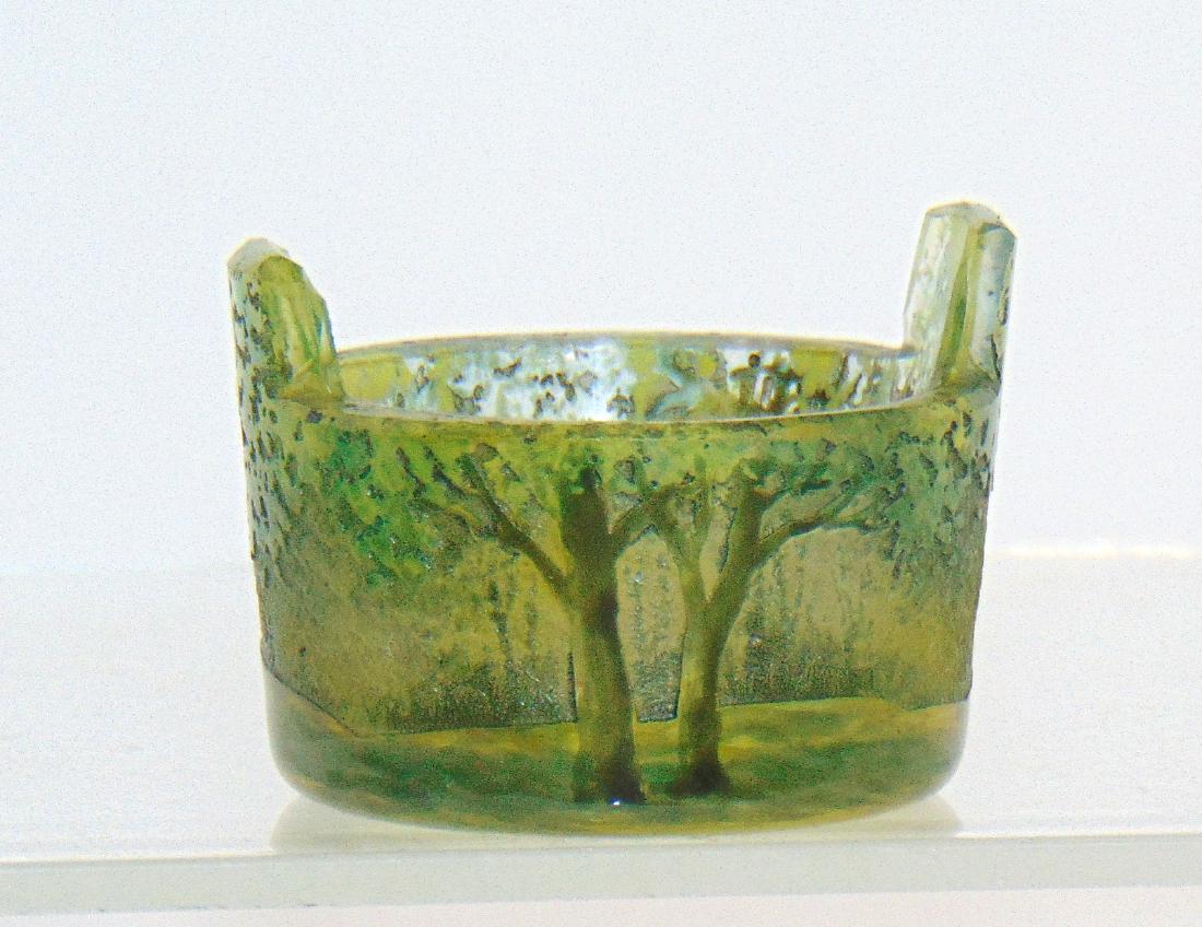 Daum Nancy scenic glass salt: Bucket form in a summer scene of green trees in a summer meadow, signed Daum Nancy, 1 1/4" ht. Condition: good with no defects found