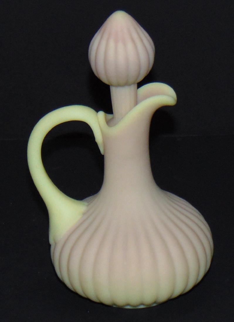 MW melon Ribbed Burmese cruet: Satin finished Burmese cruet in the rib Pillar pattern, with matching stopper, 6 1/2" ht. Condition: good with no defects found