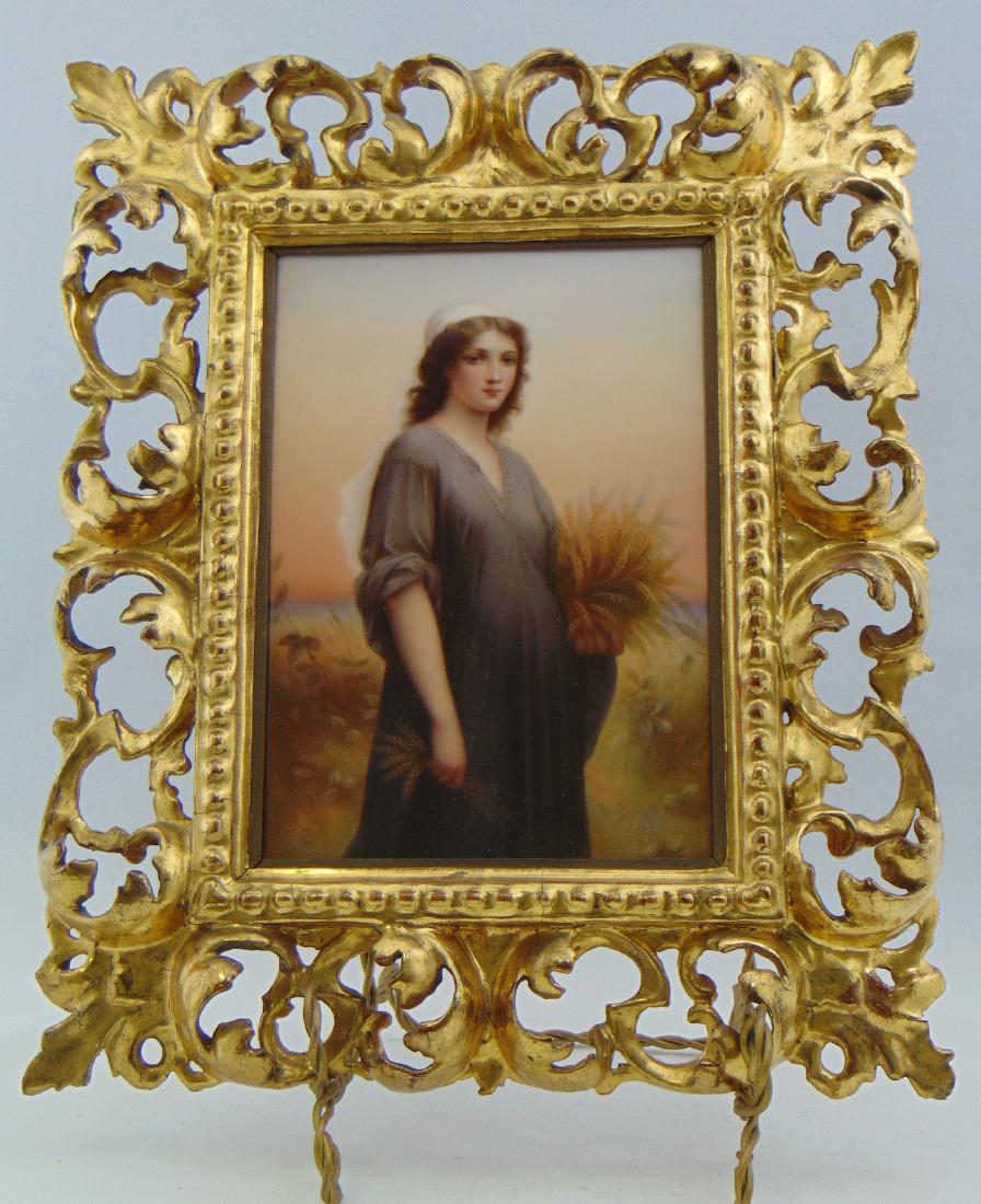 Hutschenreuther porcelain plaque: Rectangular form plaque with the portrait of Ruth in the wheat field original by Charles Zacharie Landelle titled "Ruth Ou La Glaneuse" set in a scrolling acanthus leaf wood frame, mark of Hutschenreu