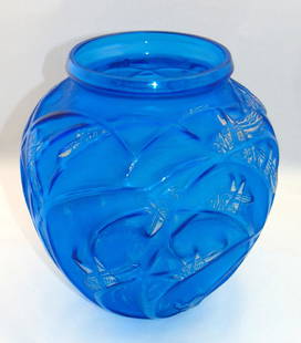 Lalique Blue Sauterelles glass vase: Ovoid form in Prussian blue glass decorated with grass hoppers, script mark R. Lalique, 11" ht. Condition: good with no defects found.