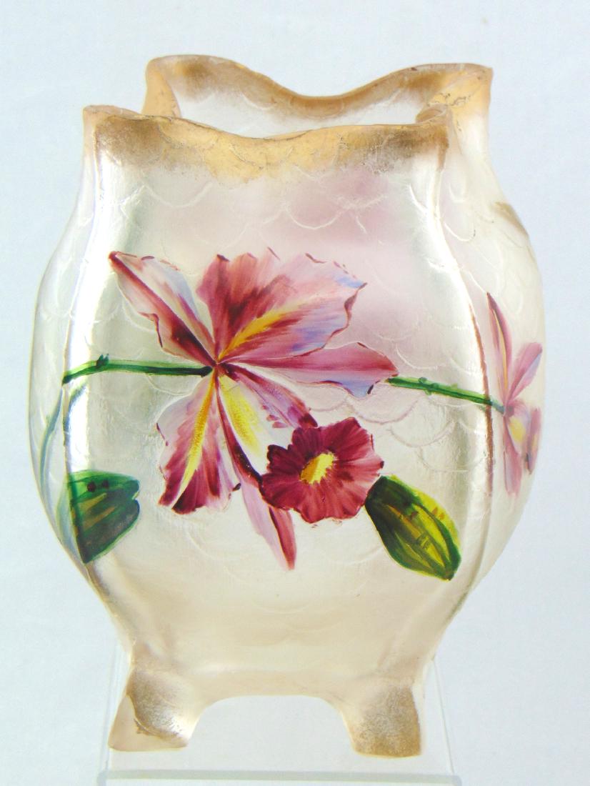 Mount Joye French cameo glass vase: footed egg form in a frosted fish scale design decorated with large stemmed red flowers and highlighted with gilt rim and feet, 7 1/2" ht. Condition: good with no defects found
