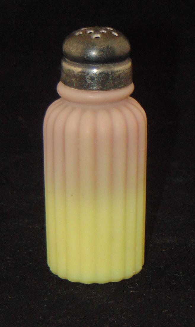 Burmese Ribbed Pillar Salt: Mt. Washington stain glass shaker in the ribbed pillar pattern, 4" ht. Condition: good with no defects found