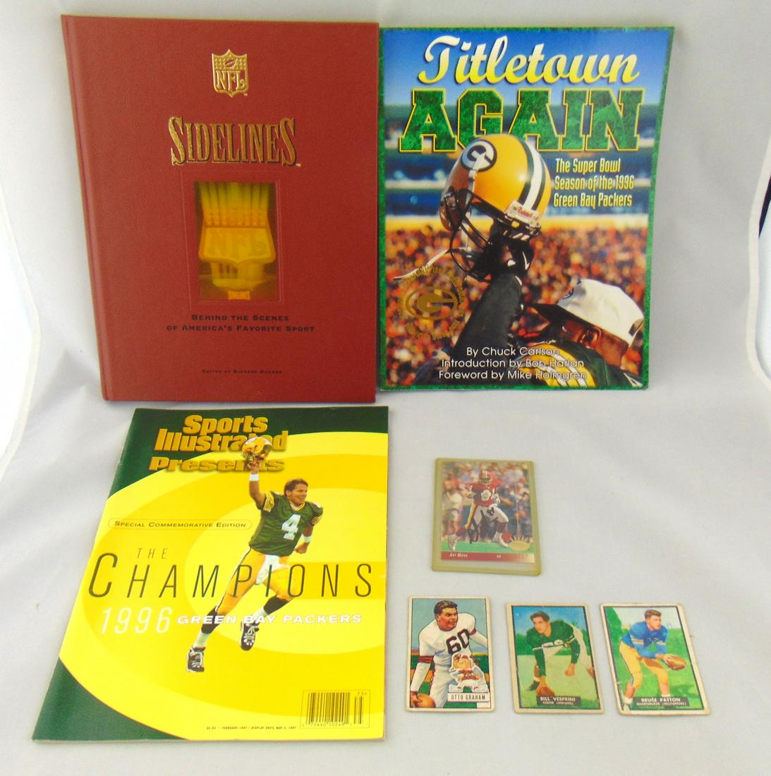 Otto Graham football card and more: Including a 1951 Otto Graham Bowman, 1951 Topps Bruce Patton and Bill Vesprini, and an autographed Art Monk card. Together with a hardback book "Sidelines" and two sport illustrated magazines from the