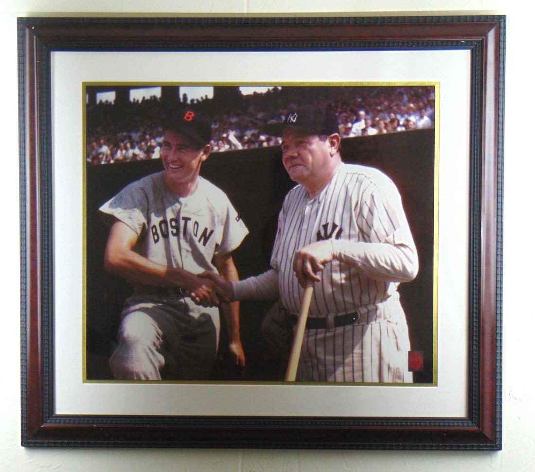 Picture of Ted William and Babe,: Framed picture of Ted William with the Babe, autographed by Ted Williams, site 23 by 19 overall 33 by 28". Condition: good with no defects found.