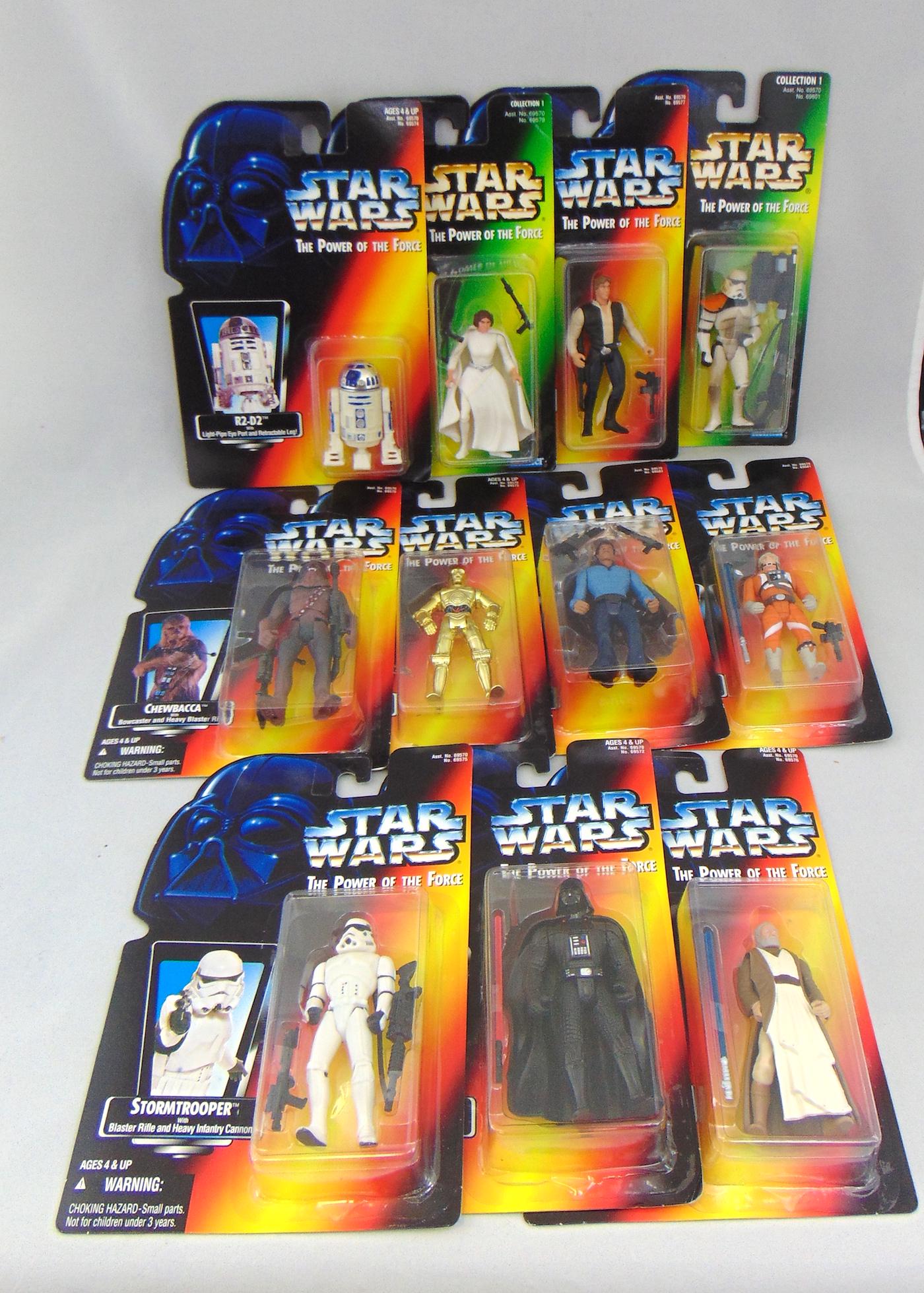 Group of 1995 star war figurines: 9 star wars figurine from 1995 in the original boxes, together with a 1996 and 1997, 11 total. Condition; good, with a few minor creases