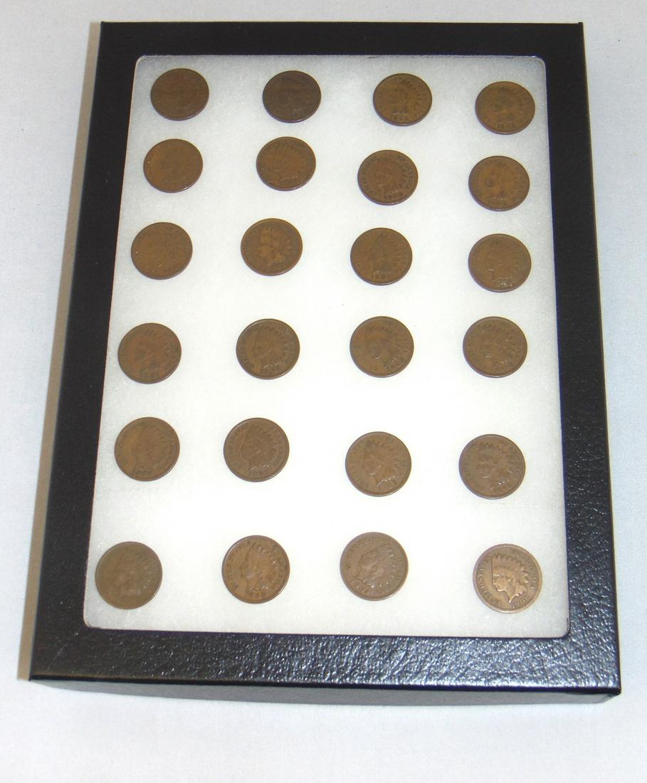 Group of Indian Head pennies: Including 1882, 1883, 1884, 1887, 1889, 1890, 1891, 1892 1895, 1896, 1897, 1898, 1899, 1900, 1901, 1902, 1903, 1904 1905, 1906, 1907, 1908, 1909. together with a 1908-S. Condition: good