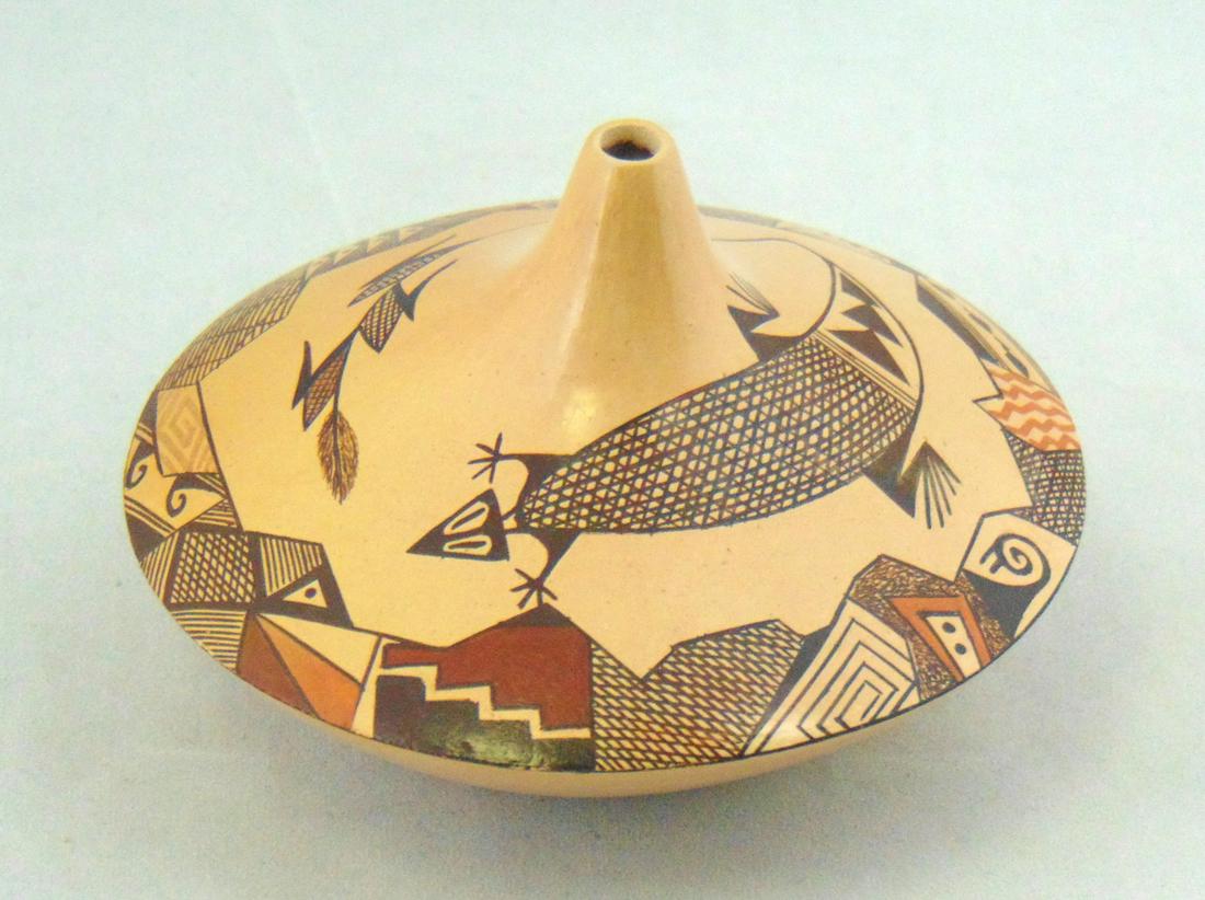 Nona Naha pottery seed vase: Southwest Hopi pottery seed vase with lizard and corn stock, signed Nona Naha, 4" wide. Condition: good with no defects found