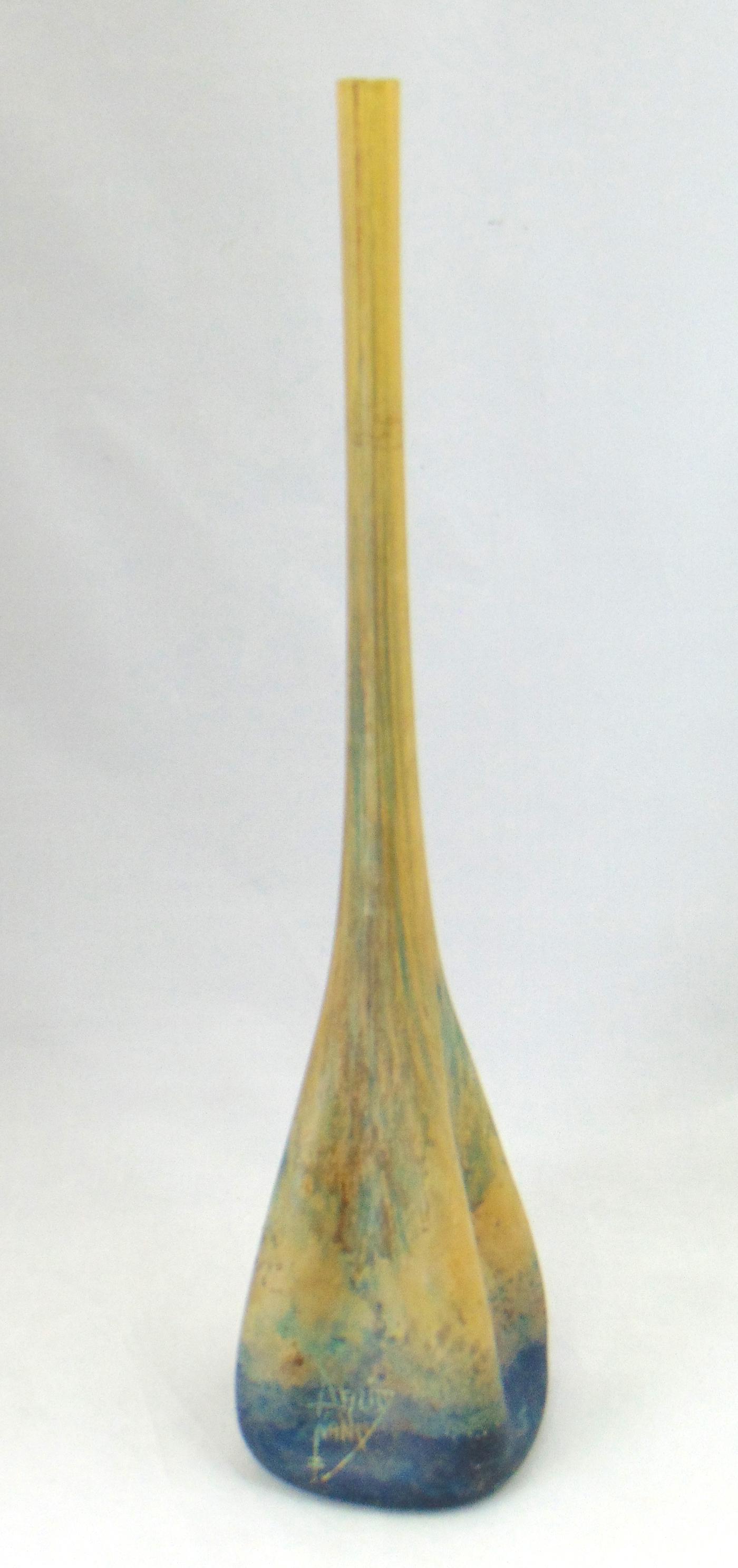 Monumental 20" Daum mottled glass vase,: Pinched sided stick vase in mottled blue and amber glass, signed Daum Nancy, 20" ht. Condition: chips to the rim.