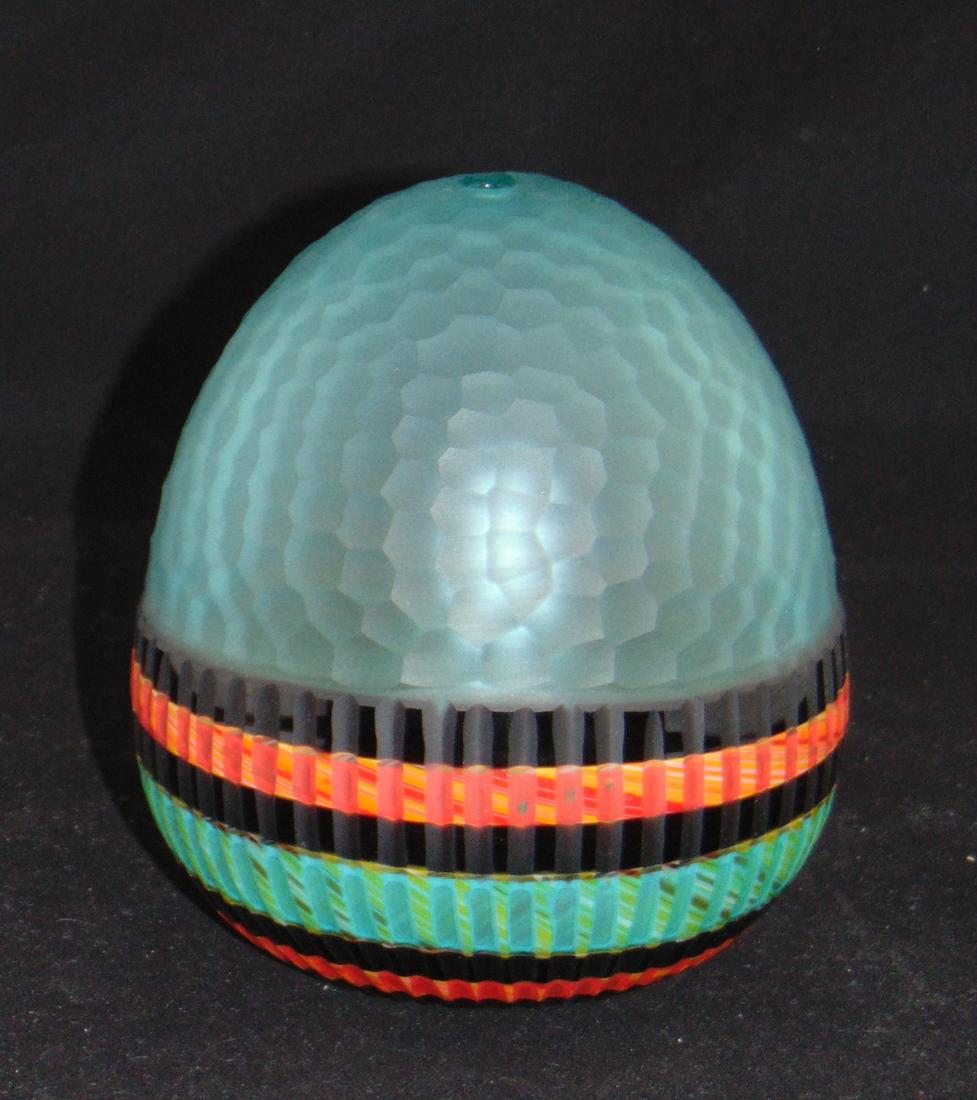 Davide Salvadore studio glass orb: Ovoid honeycomb battuto vases with cut bands of red, yellow, purple and green Murrine, signed Studio Salvadore Murano, 7" ht. Condition: good with no defects found.