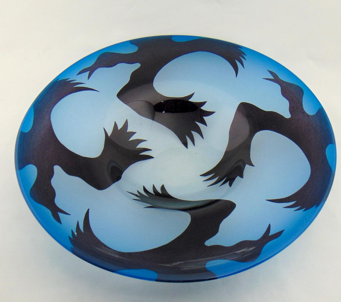 Bernard Katz art glass deep platter: Powder blue frosted deep platter decorated with art deco cameo ravens, singed Bernard Katz, 16" wide. Condition: good with no defects found.