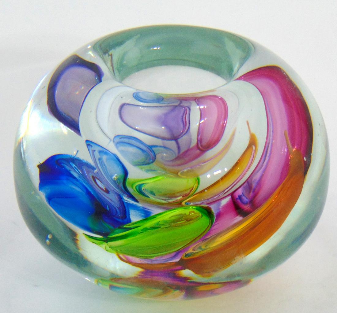 Leon Applebaum glass orb: Large paperweight form in heavy translucent glass adorned with large bubbles of yellow, red, green, blue, and purple glass, artist signed Leon Applebaum, 4 1/2" ht. Condition: good with no defects fou