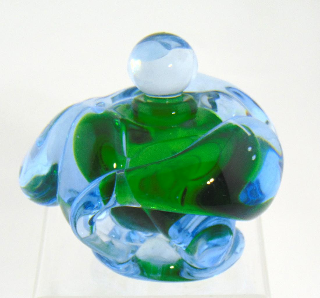 Richard Jolley glass perfume: Free From bottle in green cased with heavy blue lobes, signed Richard Jolley, 4 1/4" ht. Condition: good with no defects found