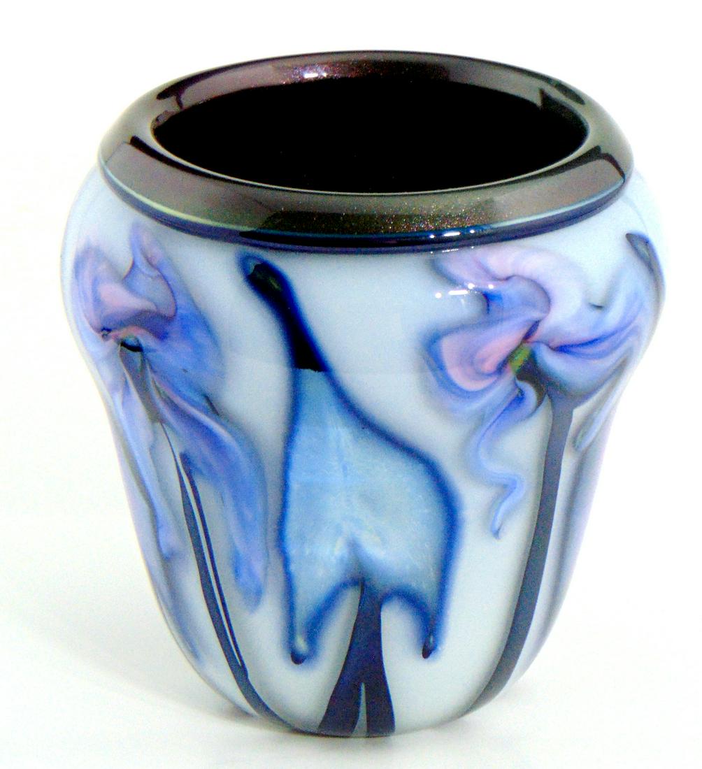 Charles Lotton Multi Flora glass vase: Ovoid form in white glass decorated with purple variegated stemmed flowers and platinum leaves, green aventurine interior, signed Charles Lotton 2014, 6 1/2" ht. Condition: good with no defects found