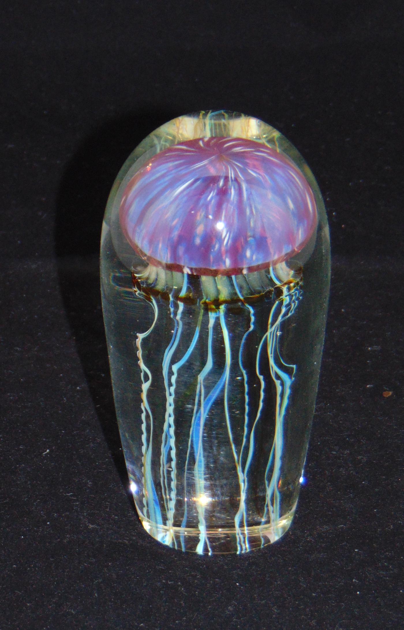 Rick Satava jellyfish paperweight: Gold Ruby glass jelleyfish paperweight with a striated ruby center with amber trialings, signed Satava 916-09, 4 3/4" ht. Condition: good with no defects found