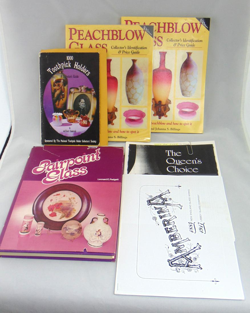 6 books pamphlets on Victorian glass: "Pairpoint" By Padgett, Hardback, 241 pages, Together with a staple copy of Amberina, and a copy of "The Queens Choice" pamphlet by the New Bedford Glass Musseum. 1000 Toothpick Holders A Collectors G