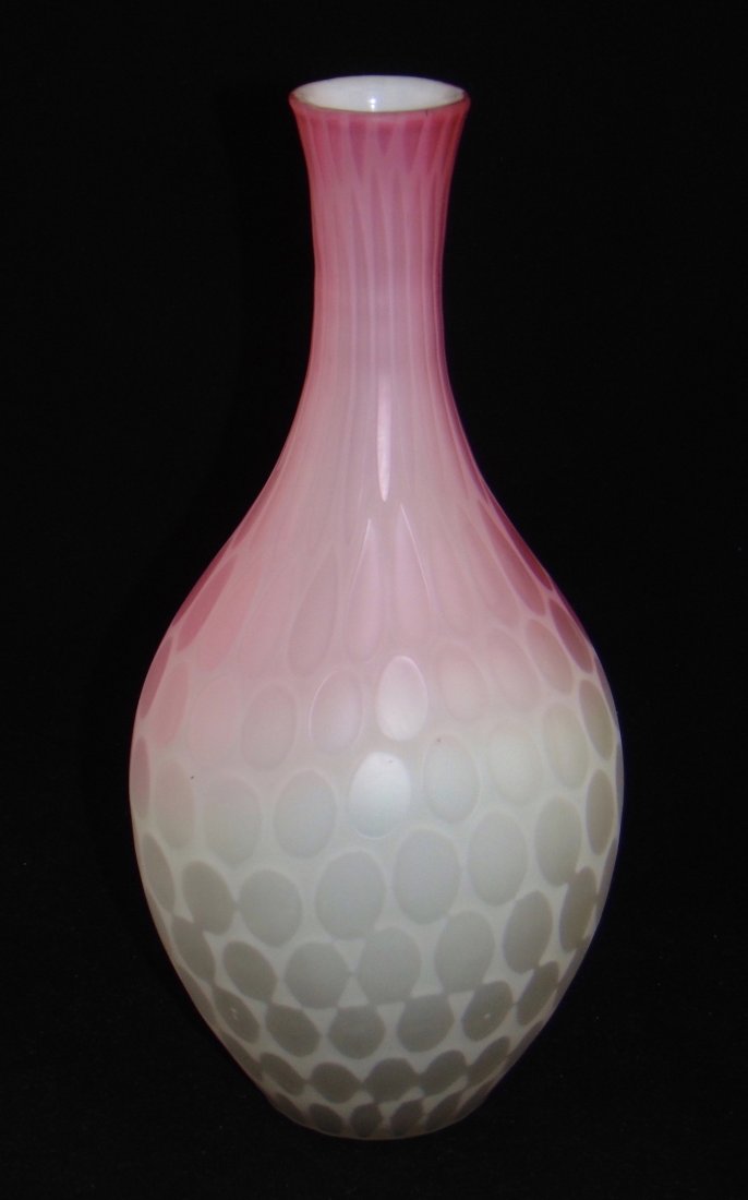 Large Pink MOP glass vase: Bulbous stick form in the coin spot pattern, 12 3/4" ht. Condition: good, one internal manufacturing flaw on neck