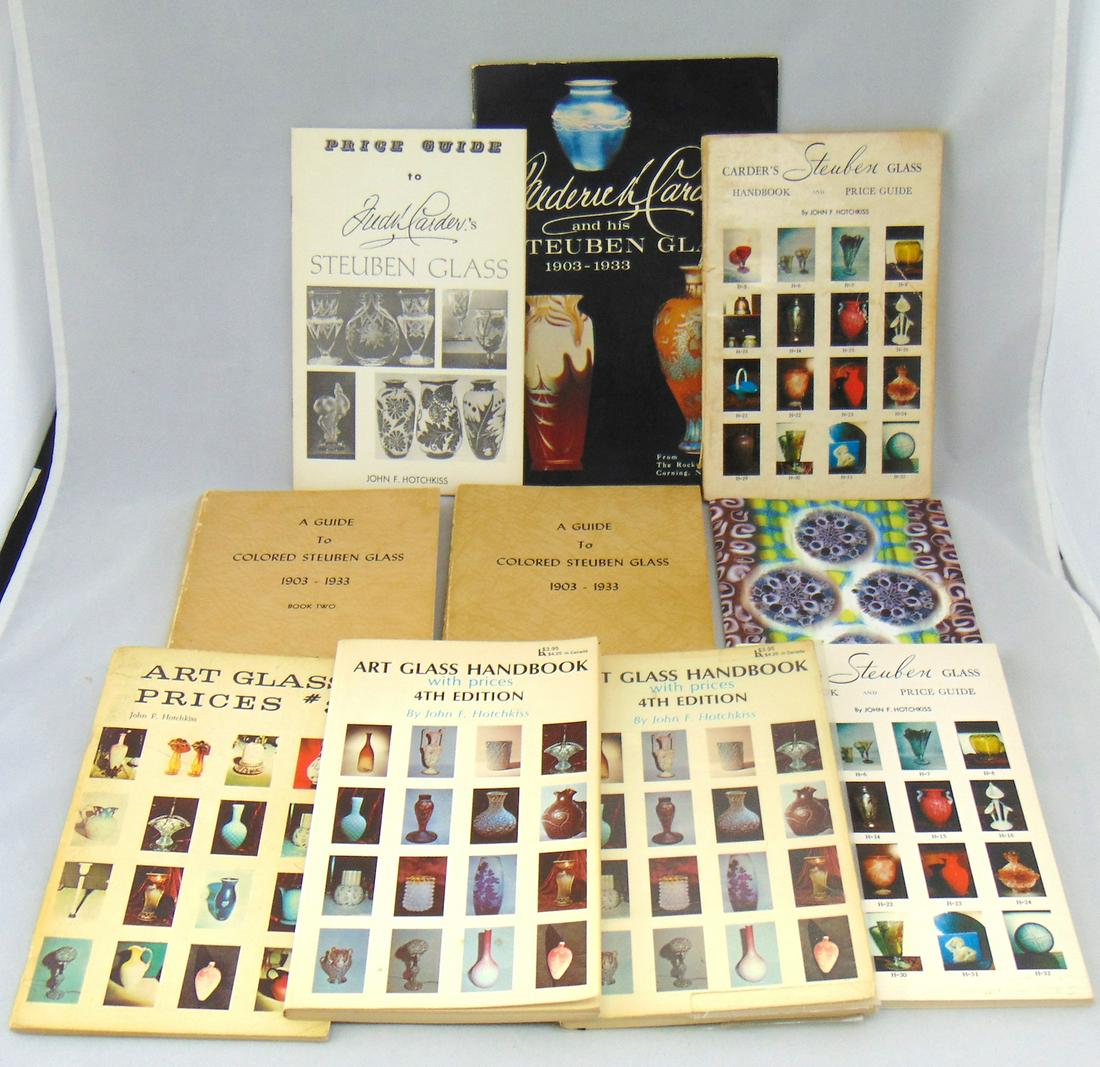 Group of Steuben Ephemera: 10 booklets on Steuben including A Guide to Colored Steuben Glass book 1 and 2 dated 1965. Condition: Wear to all